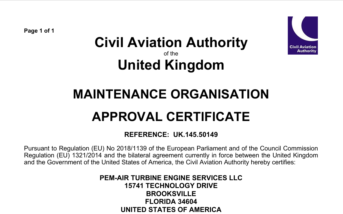 Pem-Air Secures UK CAA Part 145 Certification to Enhance Support for United Kingdom Customers