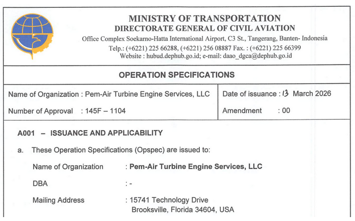 Pem-Air Receives Indonesia DGCA Part 145 Approval